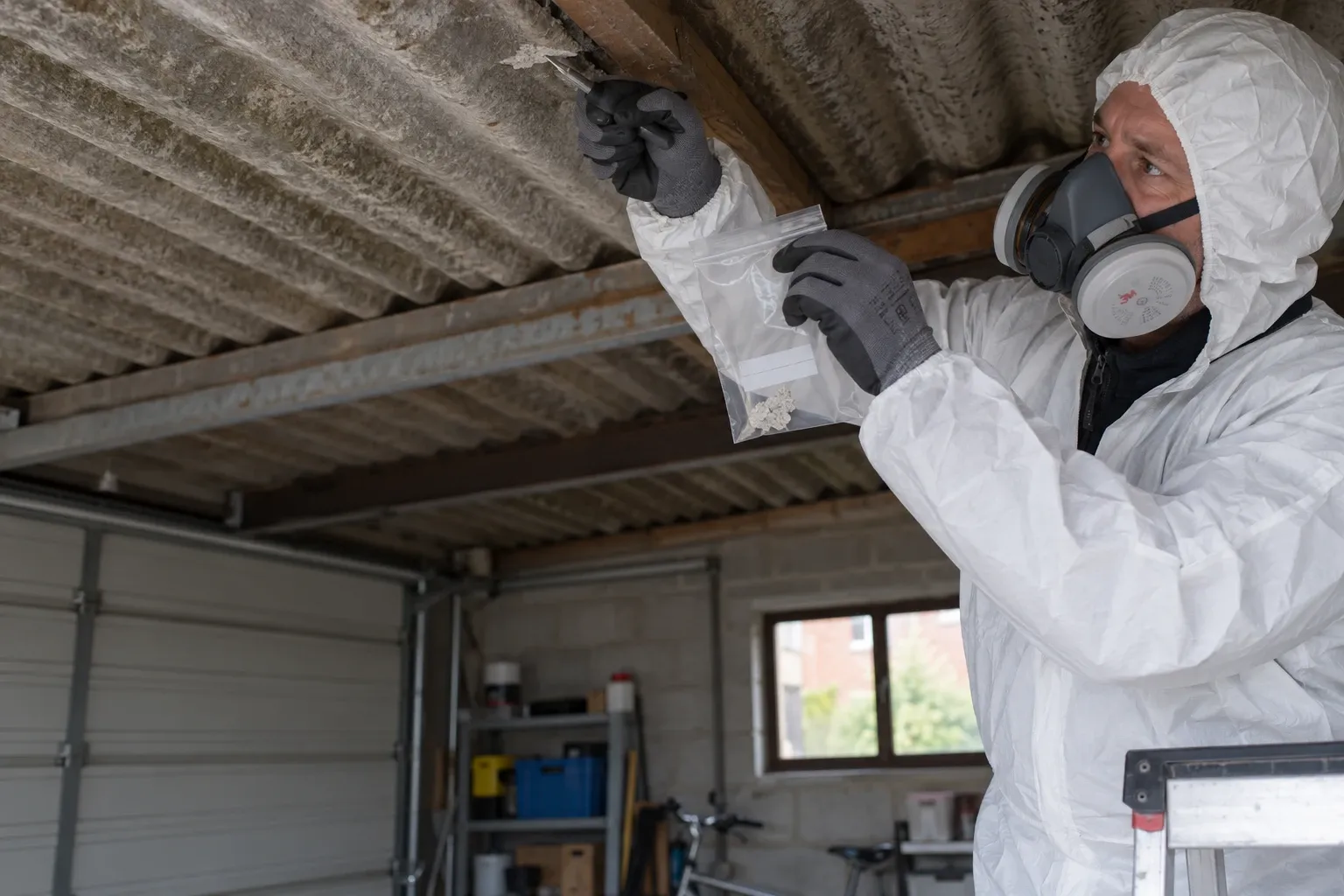 A certifier in a protective suit and respirator takes a sample from fibre-cement roof sheets