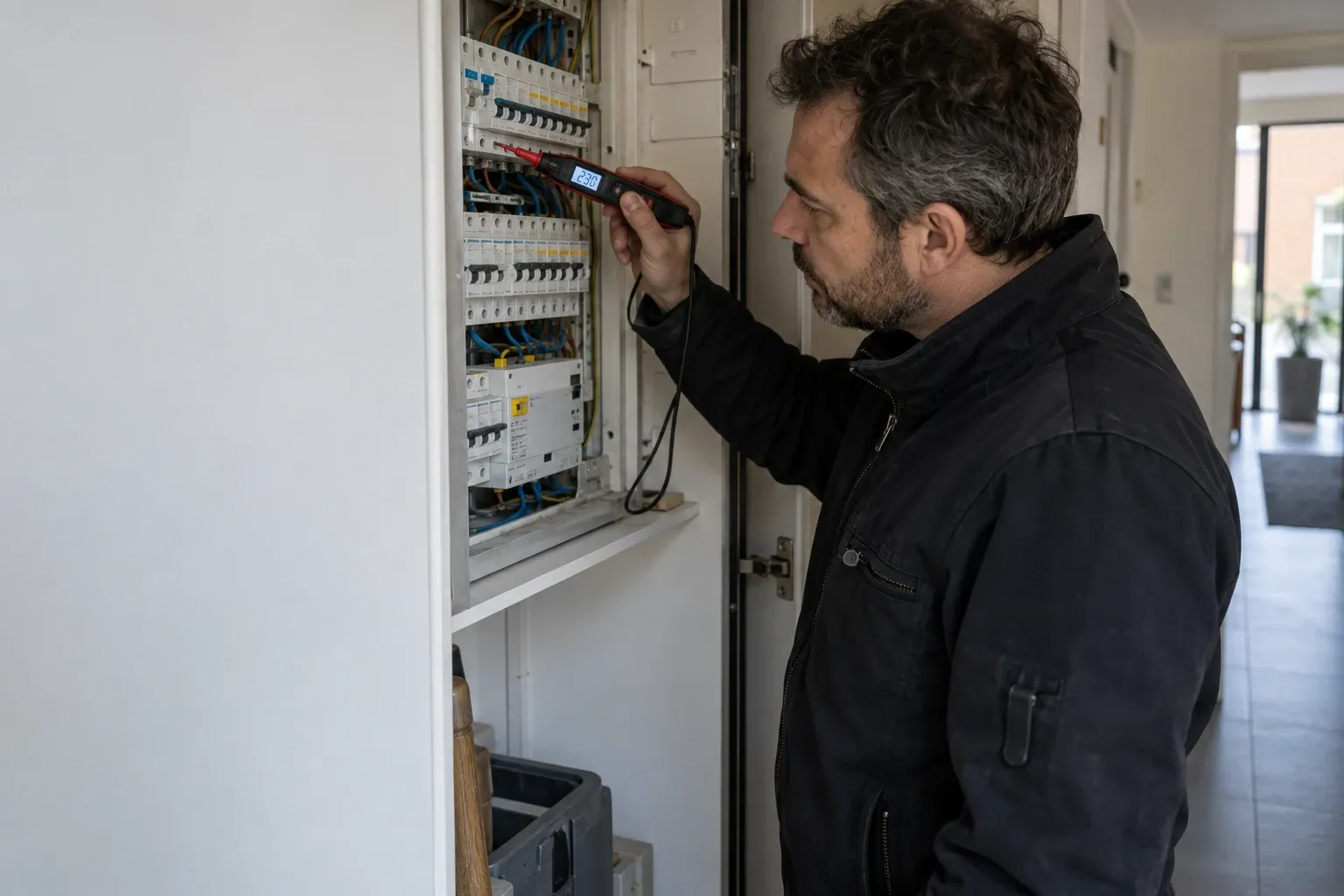 A certifier tests the breakers of a household electrical panel with a voltage tester