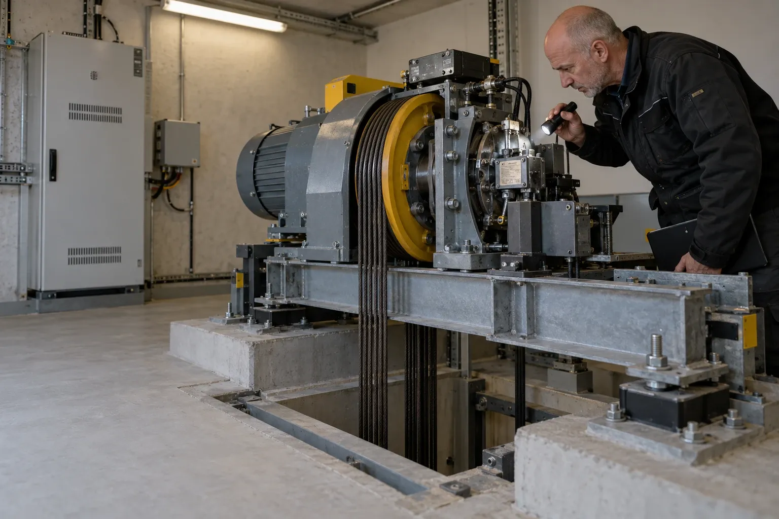 A certifier inspects a lift’s drive machine with a torch in the machine room