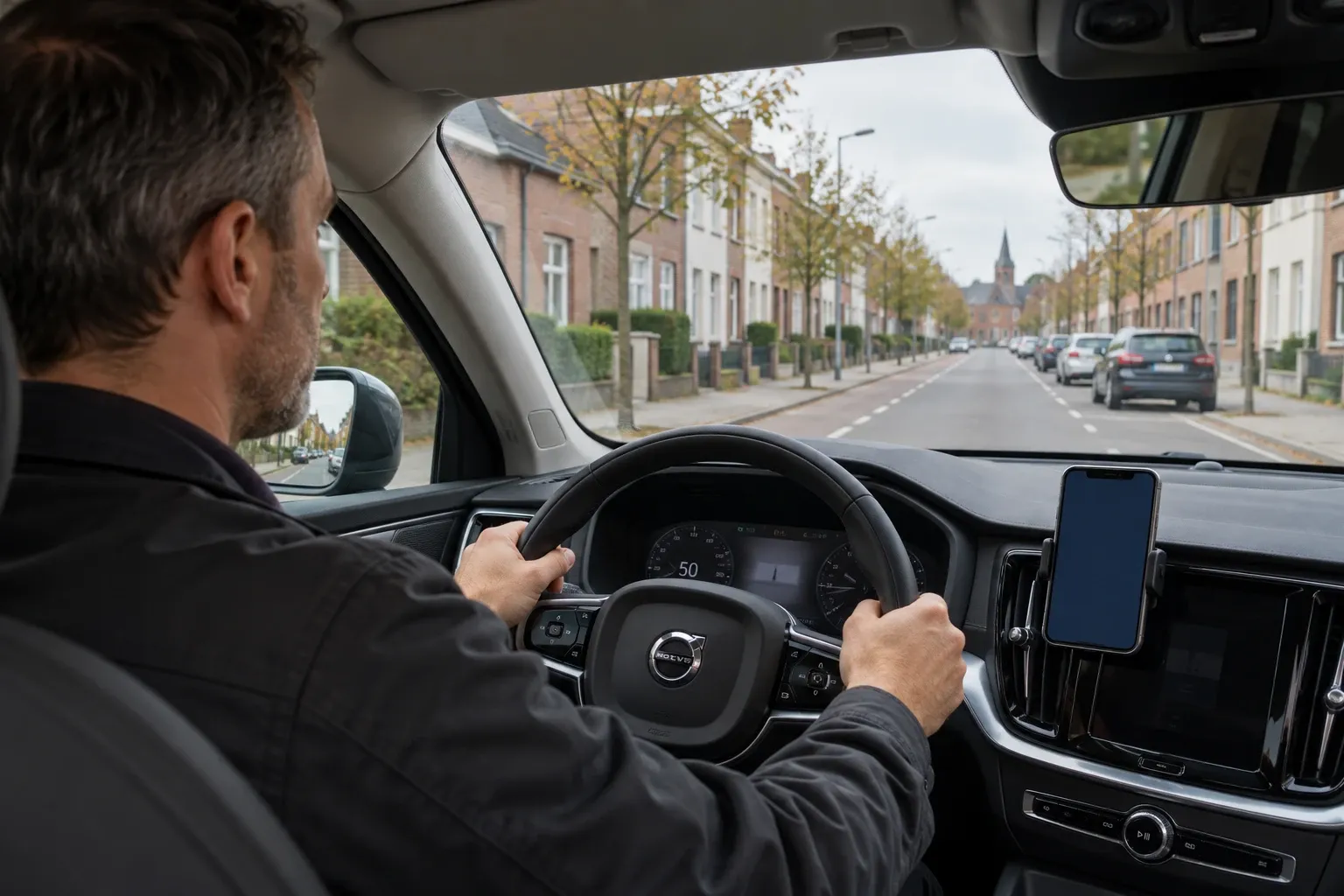 A certifier drives to the visit with both hands on the wheel, the briefing playing from a phone in a dashboard mount